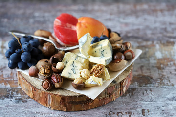 Blue cheese with nuts and fruits. Cheese appetizer. Keto diet. Keto Set
