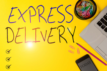 Text sign showing Express Delivery. Business photo showcasing expediting the distributiuon of goods and services Slim trendy laptop pencil smartphone clips container colored background