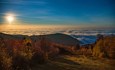 Sea of fog in the Upper Rhine plain over the Rhine-Neckar metropolitan area, Heidelberg, Königsstuhl, Baden-Wurttemberg, Germany