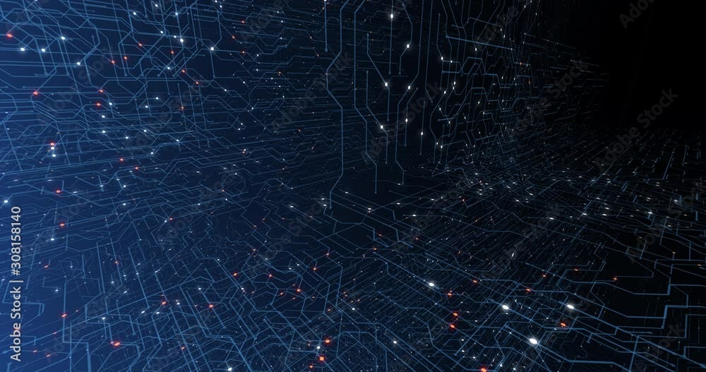 Poster 4k seamless loop of print circuit technology cyber and futuristic concept. circuit board with moving