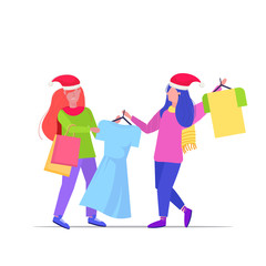 women shoppers in santa hats fighting for last dress customers couple on seasonal shopping sale fight concept full length vector illustration