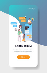 mix race people using chatting app on digital devices social network chat bubble communication concept smartphone screen online mobile application full length vertical vector illustration