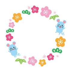 年賀素材　ネズミと年賀モチーフの丸枠　カラフル