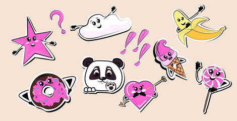 funny cartoon icons set kawaii style characters collection horizontal vector illustration