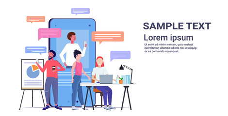 businesspeople using chatting apps on digital devices social network chat bubble communication concept smartphone screen online mobile application full length horizontal copy space vector illustration