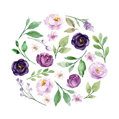 Naklejki  Floral circle, texture with watercolor flowers violet roses and leaves. For decoration background, invitation, greeting card, poster, stickers and other. Hand painting. Isolated on white background. 