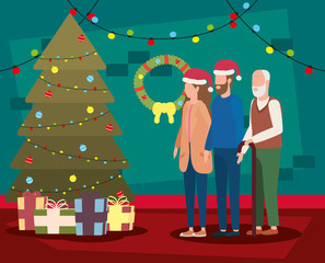 cute grandfather with young couple in room christmas decorated