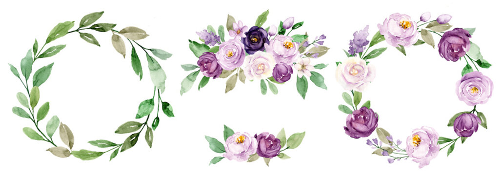 Set with wreaths, hand painting floral frames.  Watercolor flowers violet roses. Perfectly for greeting card, wedding invitation, poster, stickers and other printing. Isolation on white. 