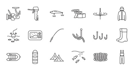 Fishing tackle line vector icon set. Everything for fishing. Hook, lure, reel, bobber, outboard motor, fathometer, fishfinder, clothes . For online store design.
