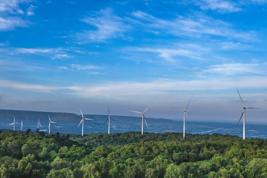 The wind turbine generates electricity on the top of Yai Thiang Mountain. Sky backdrop