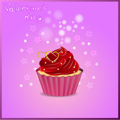 Greeting card for Valentine's Day, February 14, Love. Cupcake with a beautiful cream and heart.