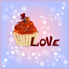 Greeting card for Valentine's Day, February 14, Love. Cupcake with a beautiful cream and heart.