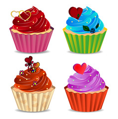 Set of colorful cupcakes. Greeting card for Valentine's Day, February 14, Love.