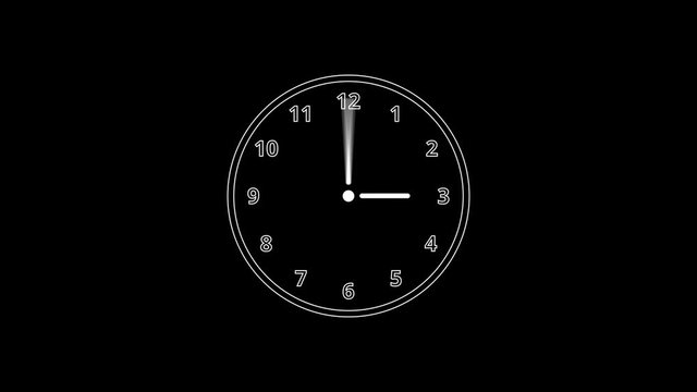 Animation of white clock counting down 12 hour day fast speed on black backdrop