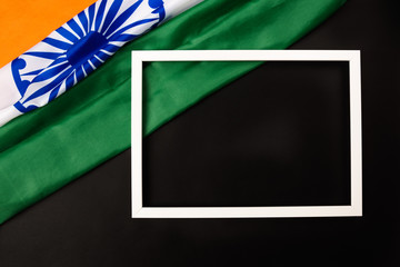 Indian republic day, flat lay top view, Indian flag and photo frame
