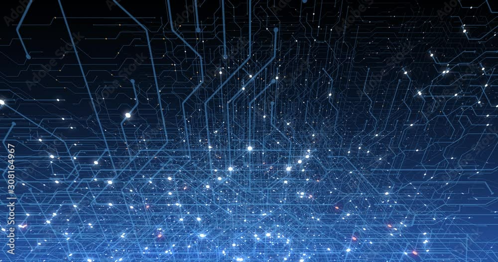 Poster 4k seamless loop of print circuit technology cyber and futuristic concept. circuit board with moving