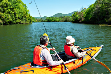 Cruising with inflatable canoe on Senjoji lake in Sanda city, Hyogo prefecture, Japan