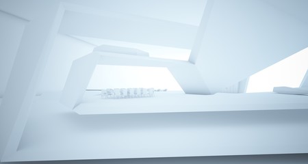 Abstract architectural white interior of a minimalist house with swimming pool. 3D illustration and rendering.