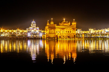 The Famous Golden temple of Amritsar at night, India. Place of Pilgrimage for Sikh religion