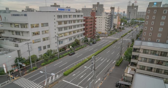 top view, Road traffic at  junctions day to night in Japan