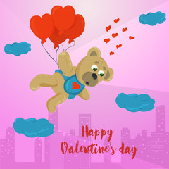 Valentines day greeting card design small toy bear flying on balloons in the form of a heart on the background of the city inscription greeting flet illustration © svarog19801