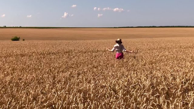 Slow motion. A girl in a hat runs away into the distance in a field of ripened wheat.