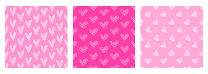Romantic cute ready-to-use set of 3 seamless patterns with hearts. Vector printable valentines day background, invitation design, postcards, posters.