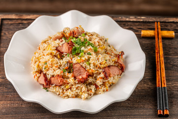 Asia Chinese China food cuisine. Authentic Yangzhou fried rice with egg, fresh prawn.