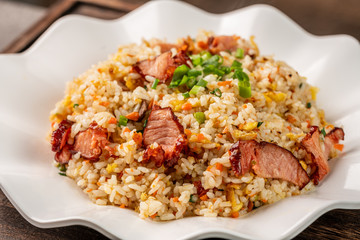Asia Chinese China food cuisine. Authentic Yangzhou fried rice with egg, fresh prawn.