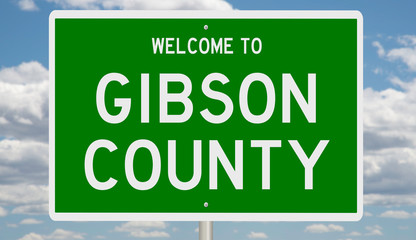 Rendering of a 3d green highway sign for Gibson County