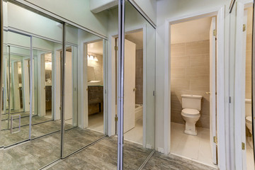 Many mirrors un this unique closet bathroom combination