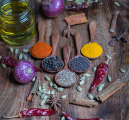 Spices and herbs in wooden spoons