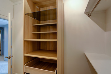 Walk-in closet iwith built-in shelves and drawers in contemporary home