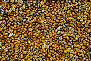 close up roasted coffee beans top view, Coffee beans background, Texture wallpaper.