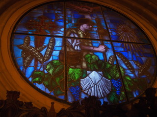 Stained glass window in a church on the road to Santiago de Compostela, Camino de Santiago, Way of St. James, Journey from Najera to Granon, French way, Spain