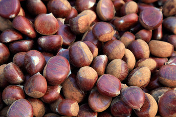 Mature chestnuts are stacked together