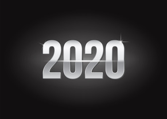 Welcome 2020 new year glowing text design banner. Chrome number text of 2020 new year. Glowing circle with particles. Shiny text number