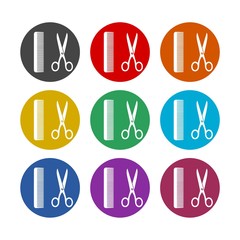 Scissor and comb color icon set isolated on white background