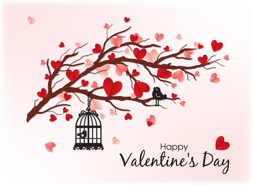 Happy Valentine's Day. Red hearts hanging on the branch for banner, invitation, card, poster. Bird in the cage sings. Festive tree with paper heart shaped leaves. Greeting card with pink background.