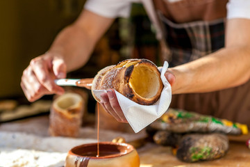 Traditional Czech trdelnik. Close-up. Street food.