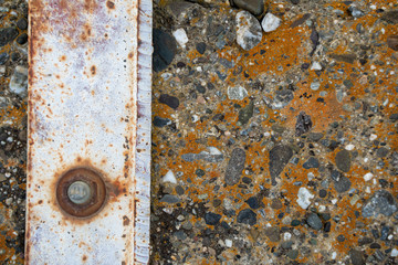  Old aged concrete cement steel with rust and bolt.