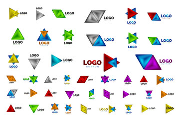 Mega set of triangle icon geometric logo templates. Minimal geometrical designs, 3d geometric bold symbols in relief style with color blend steps effect. Vector Illustrations For Button, Banner