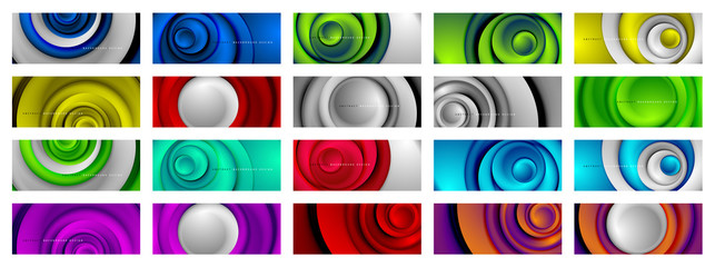 Vector set of 3d style abstract swirl circles, modern techno digital trendy abstract backgrounds. Vector Illustrations For Wallpaper, Banner, Background, Card, Book Illustration, landing page