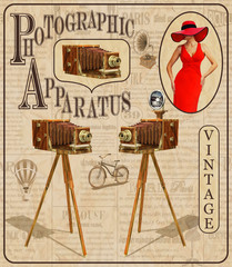 Vintage poster with vintage camera and pretty women on torn newspaper background.