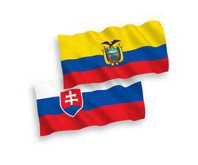 National vector fabric wave flags of Slovakia and Ecuador isolated on white background. 1 to 2 proportion.