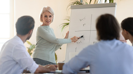 Obraz premium Professional middle aged pleasant businesswoman explaining marketing strategy.