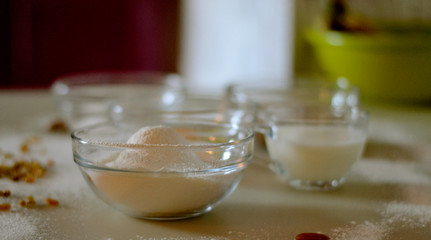 Ingredients for banana cupcakes with raisins and almonds 