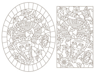 A set of contour illustrations of stained glass cats on a background of flowers, dark outline on a white background