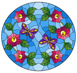 Illustration in stained glass style with abstract curly pink flower and a purple butterfly on blue background , oval image