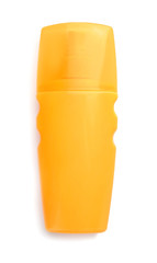 Bottle of sunscreen on white background